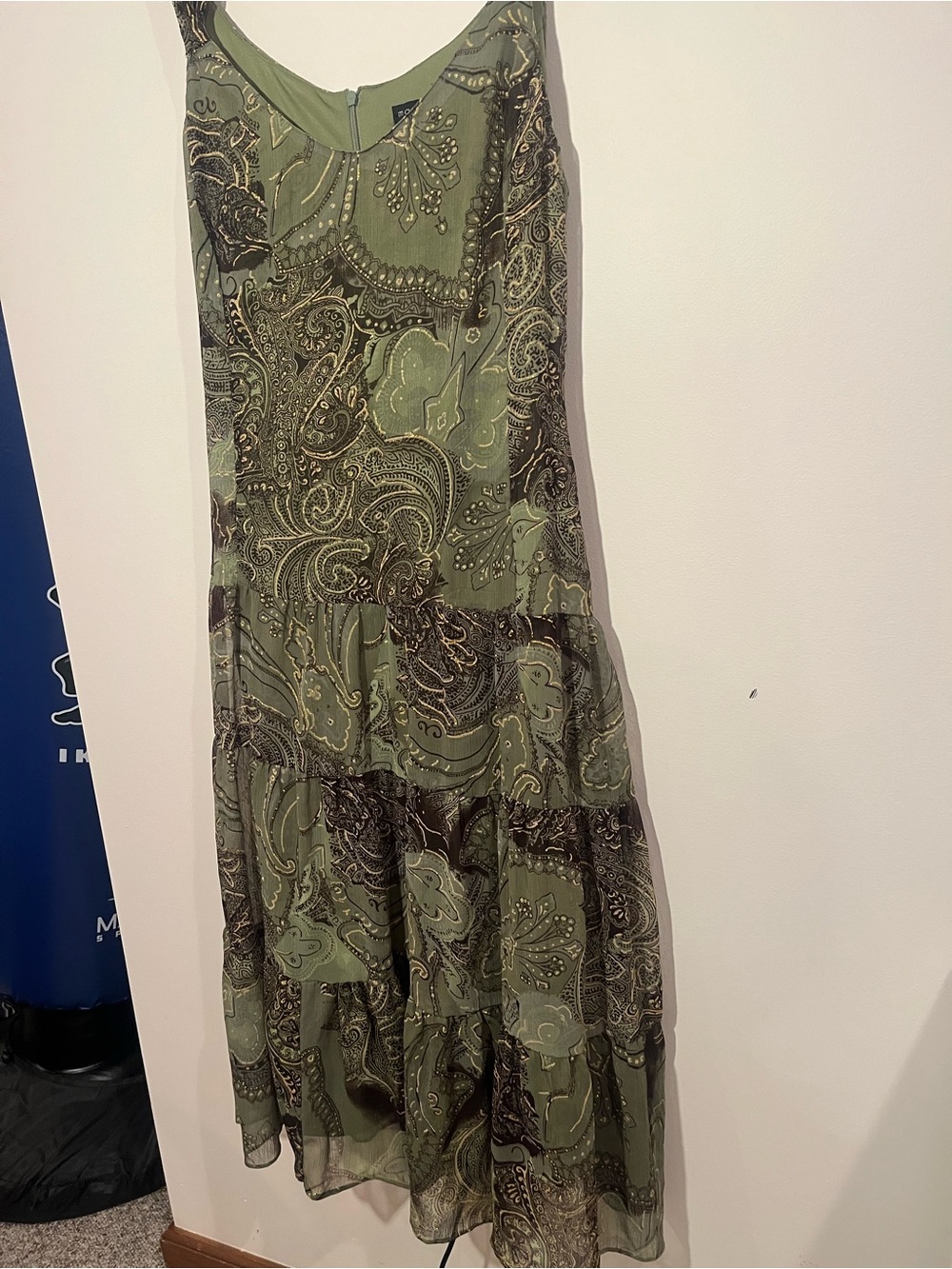 Vintage 90s Y2K Olive Green Paisley Tiered Maxi Dress - Picture 3 of 11